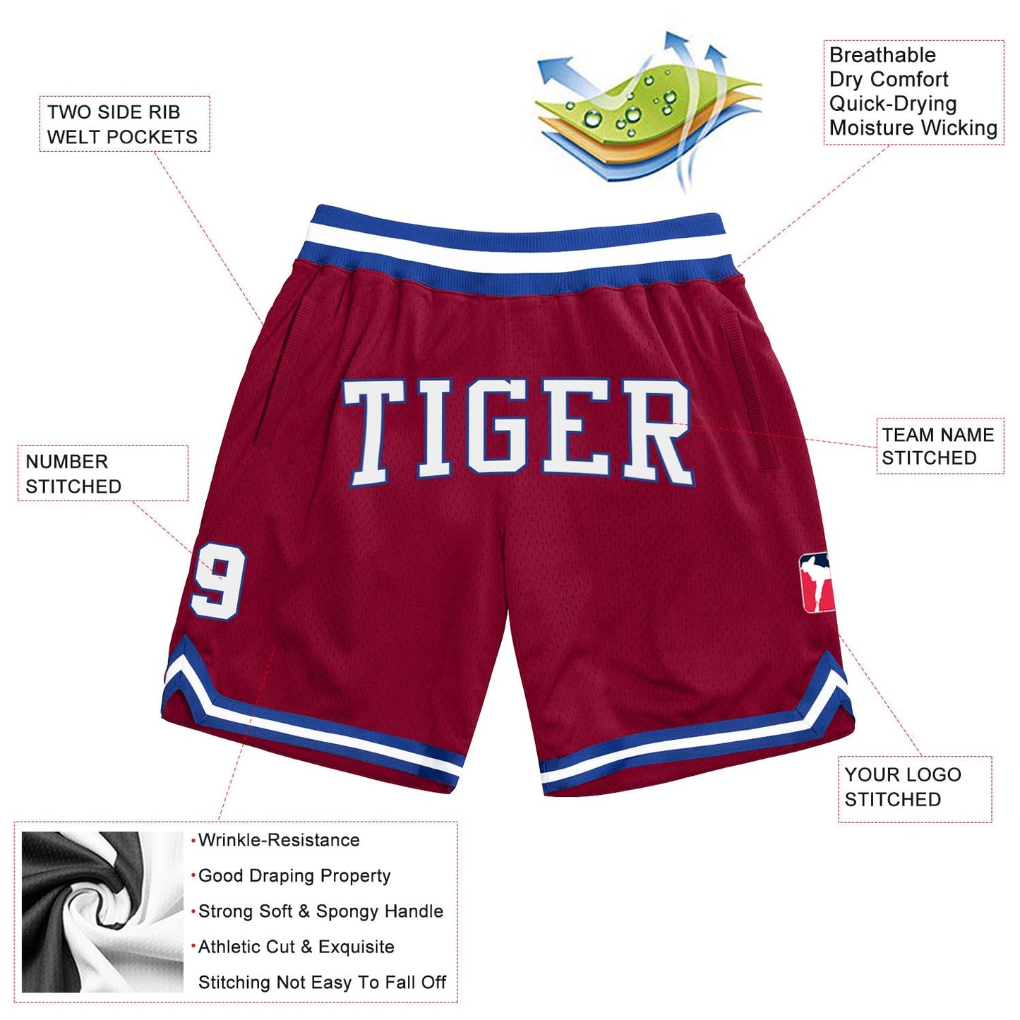 Custom Maroon White-Royal Authentic Throwback Basketball Shorts view 2