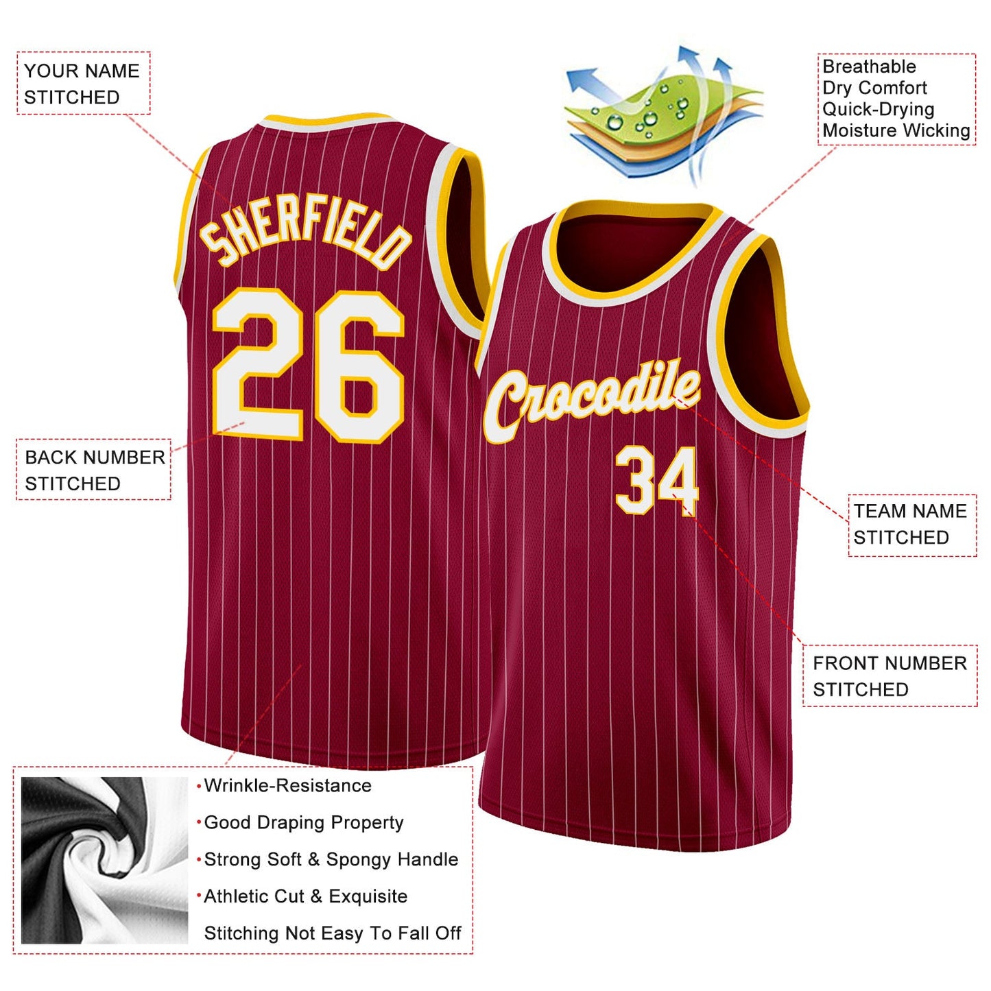 Custom Maroon White Pinstripe White-Gold Authentic Basketball Jersey view 2