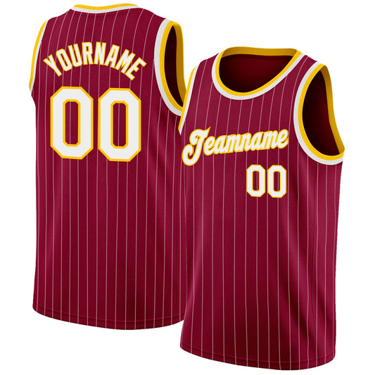 Custom Maroon White Pinstripe White-Gold Authentic Basketball Jersey - Main View