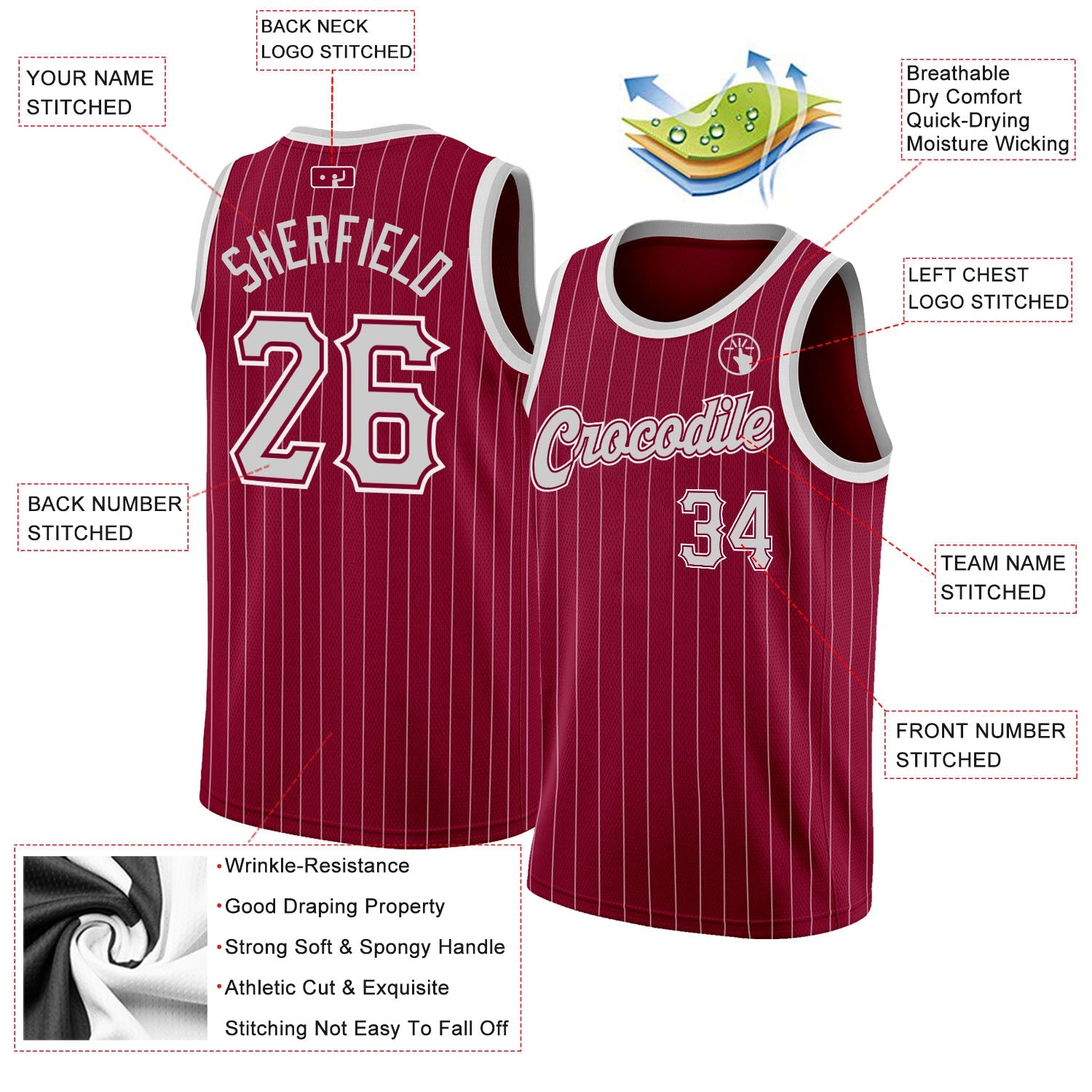 Custom Maroon White Pinstripe Gray-White Authentic Basketball Jersey view 2