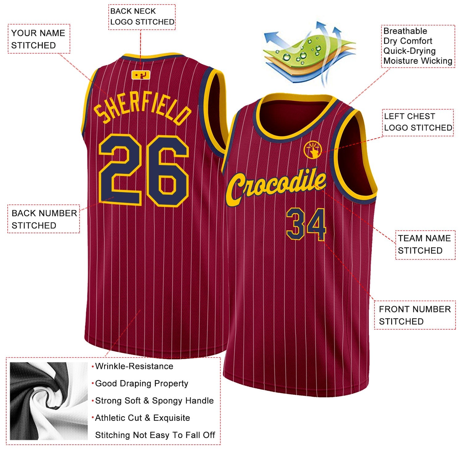 Custom Maroon White Pinstripe Navy-Gold Authentic Basketball Jersey view 2