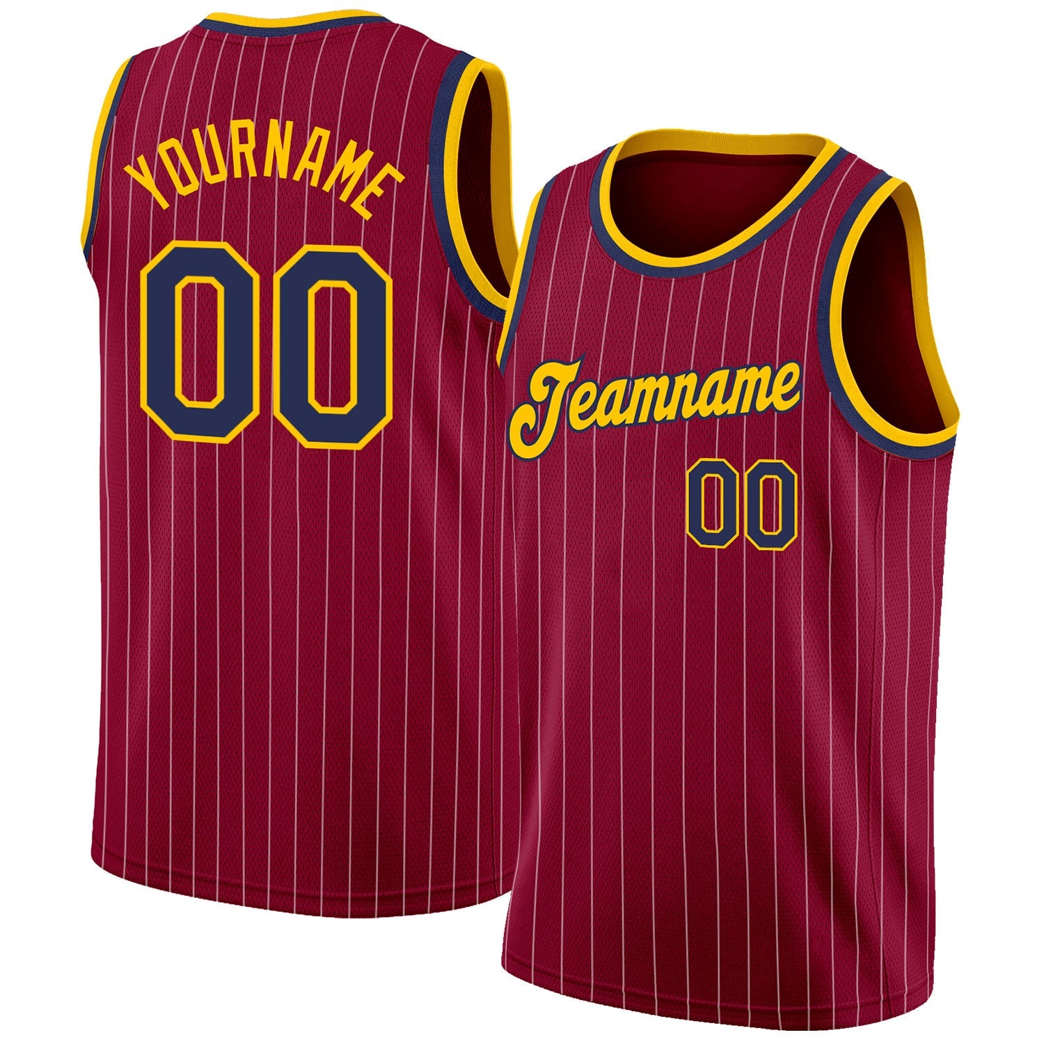 Custom Maroon White Pinstripe Navy-Gold Authentic Basketball Jersey - Main View