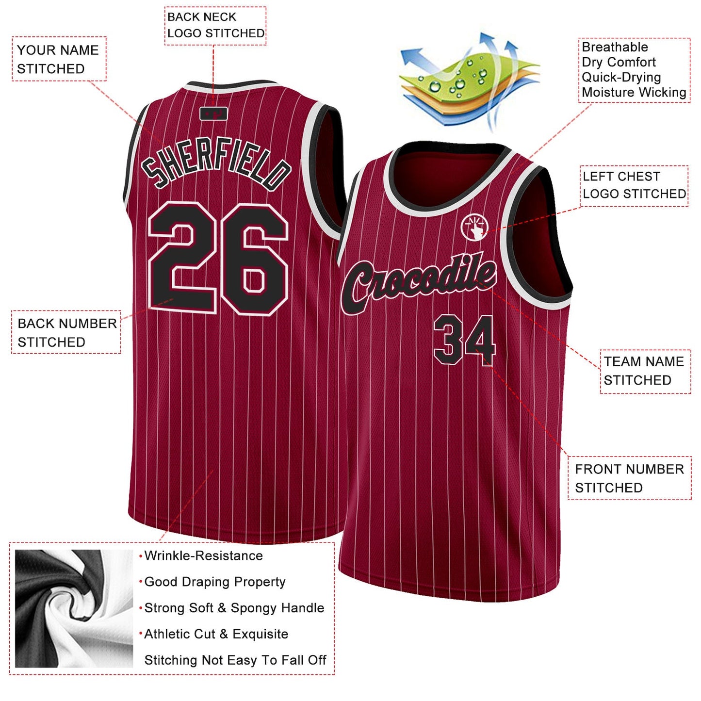Custom Maroon White Pinstripe Black-White Authentic Basketball Jersey view 2
