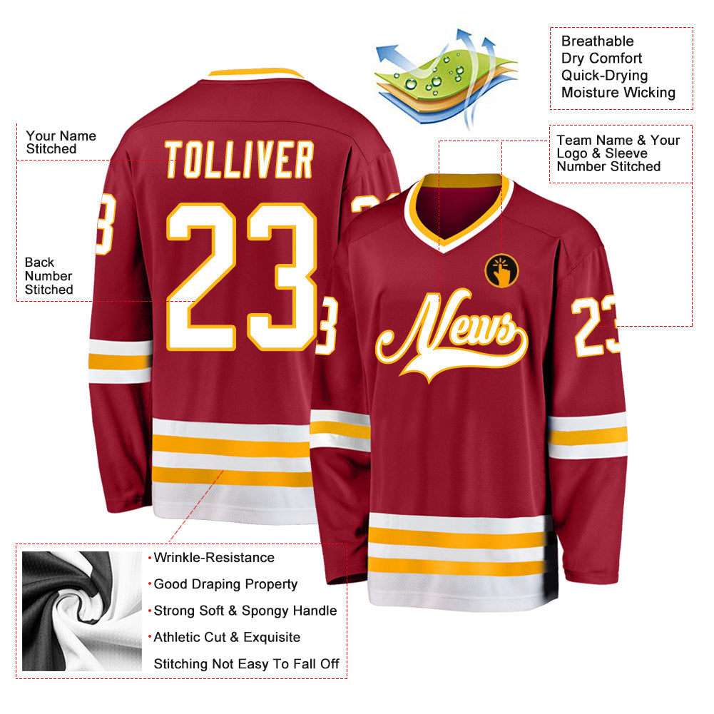 Custom Maroon White-Gold Hockey Jersey view 2