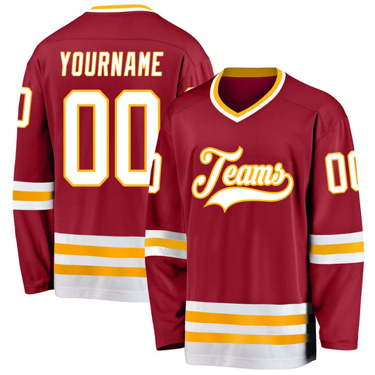Custom Maroon White-Gold Hockey Jersey - Main View