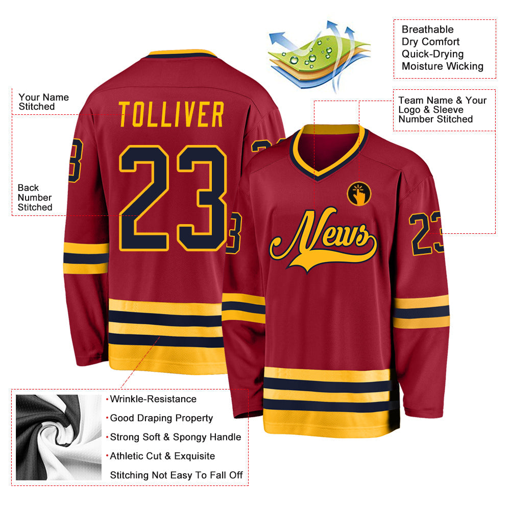 Custom Maroon Navy-Gold Hockey Jersey view 2