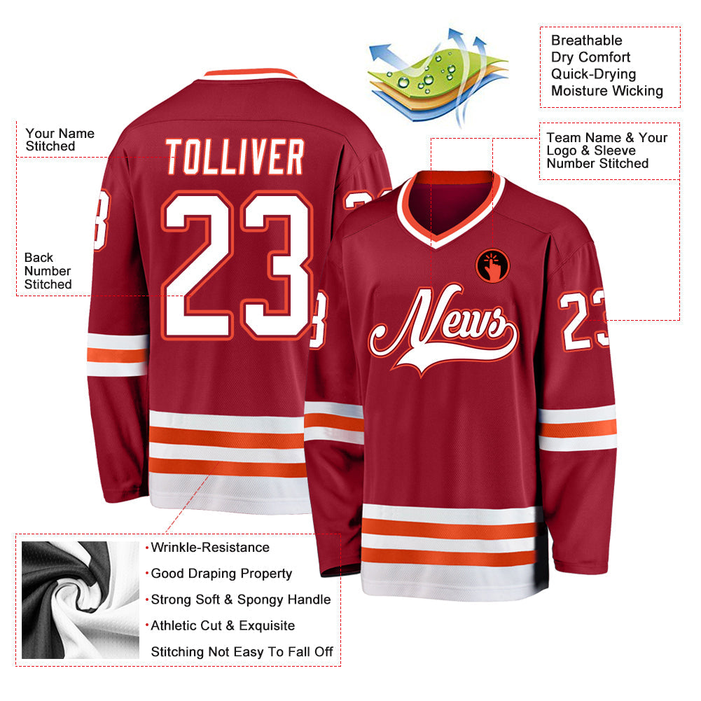 Custom Maroon White-Orange Hockey Jersey view 2