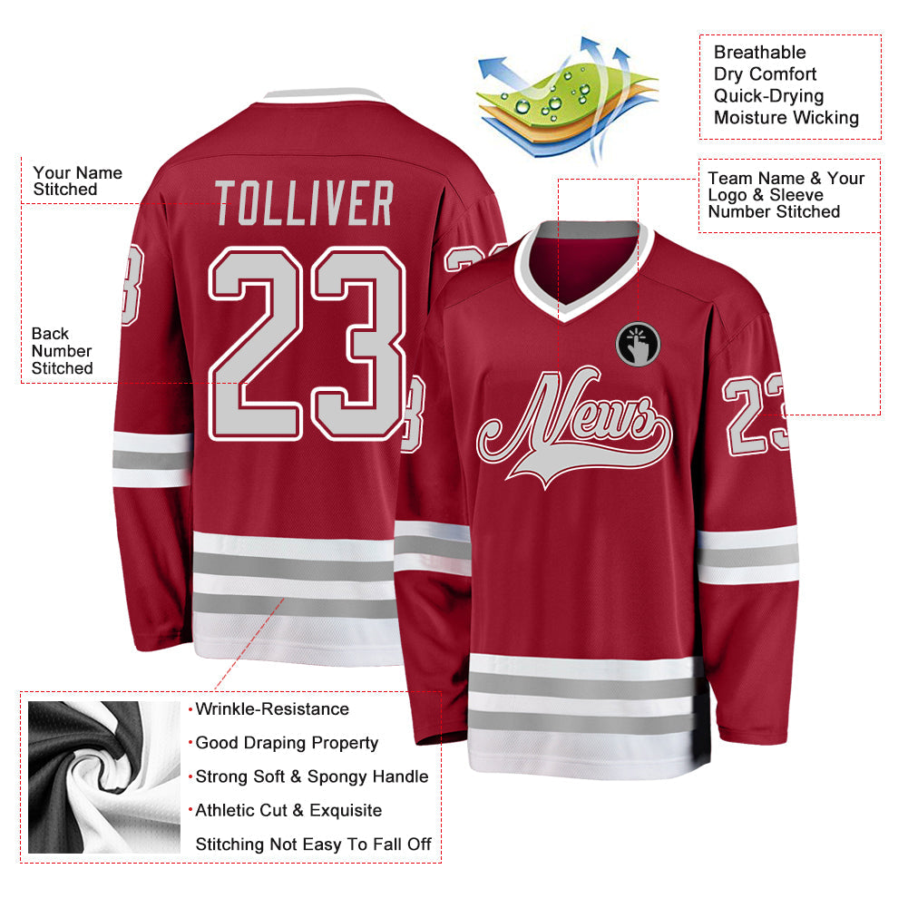 Custom Maroon Gray-White Hockey Jersey view 2