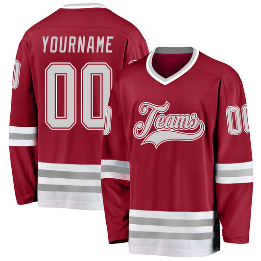 Custom Maroon Gray-White Hockey Jersey - Main View