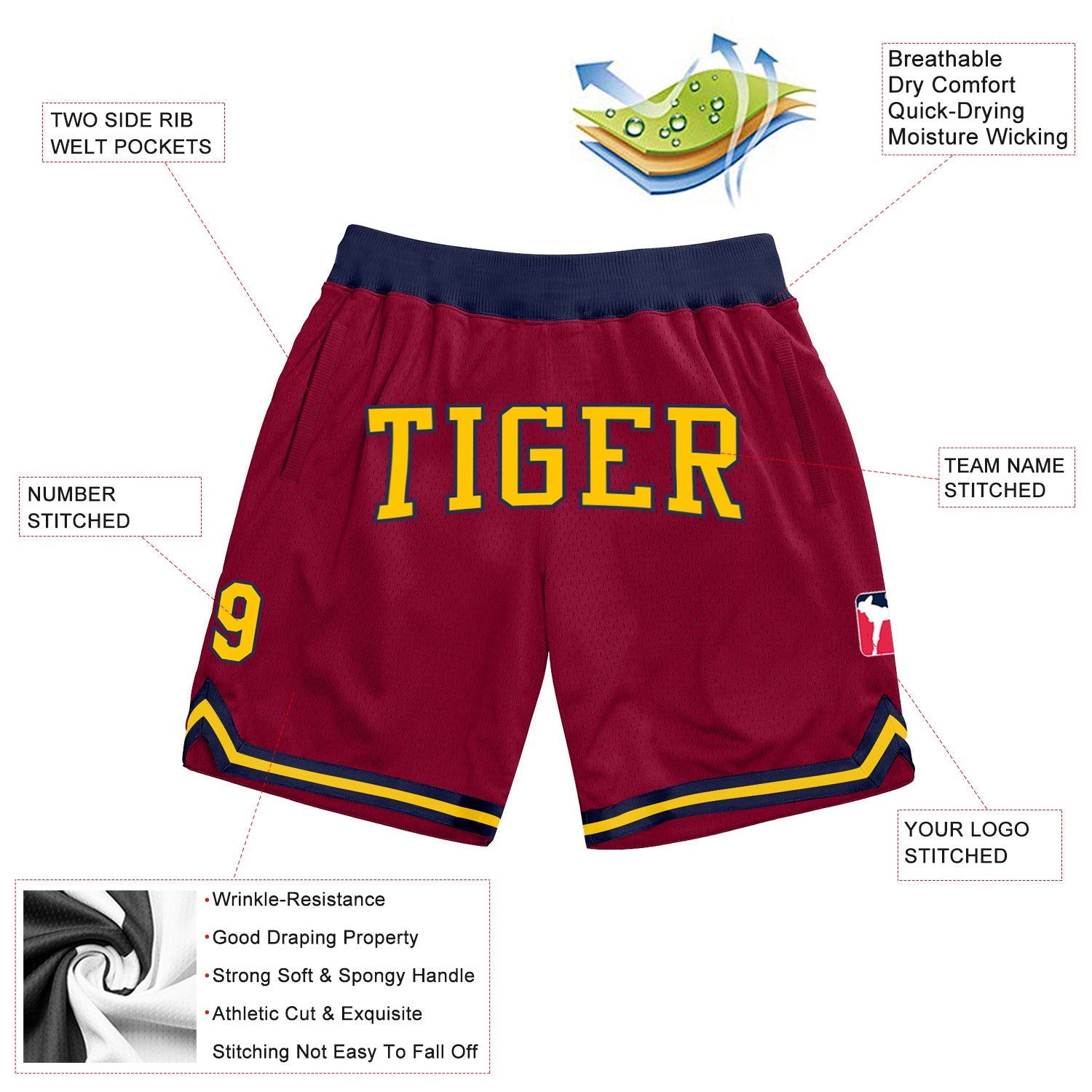 Custom Maroon Gold-Navy Authentic Throwback Basketball Shorts view 2
