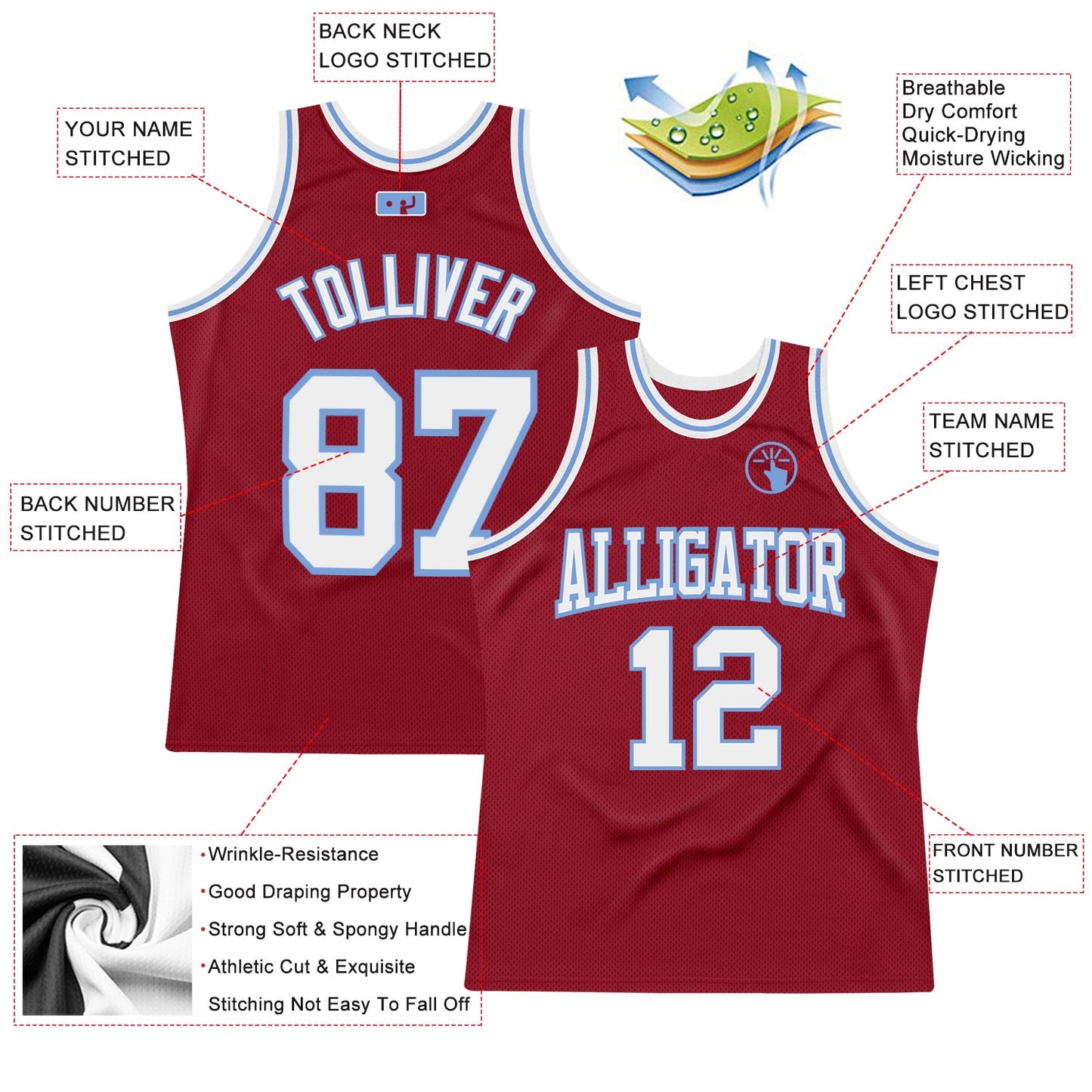 Custom Maroon White-Light Blue Authentic Throwback Basketball Jersey view 2