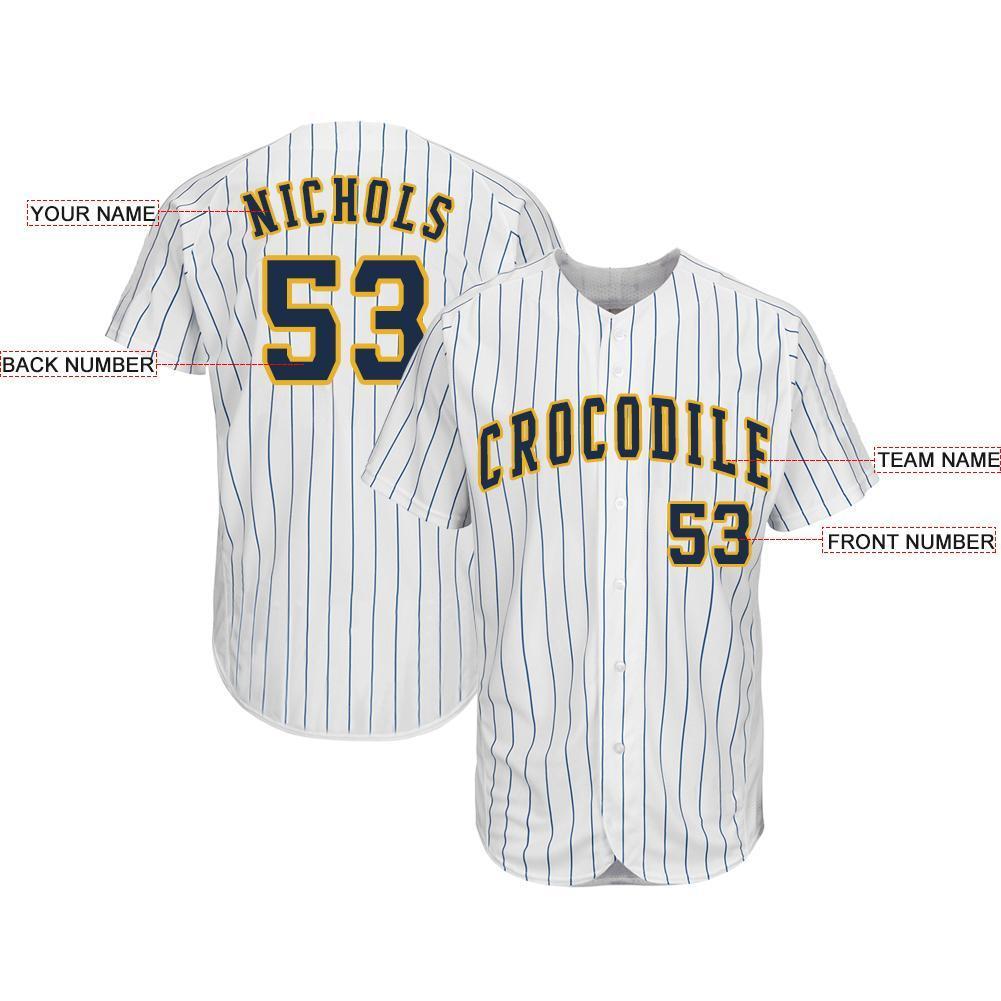 Custom White Royal Pinstripe Navy-Gold Baseball Jersey view 3