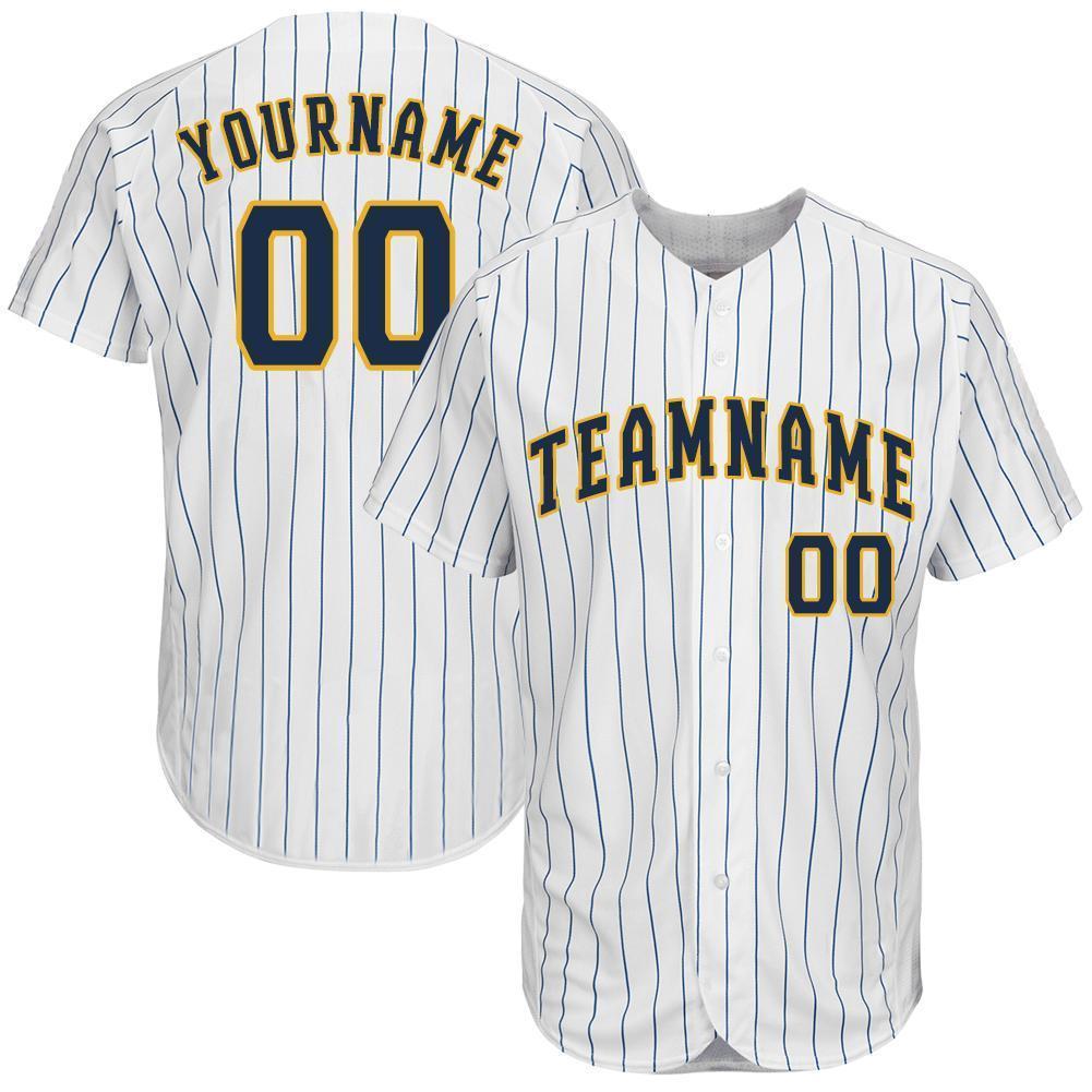 Custom White Royal Pinstripe Navy-Gold Baseball Jersey - Main View
