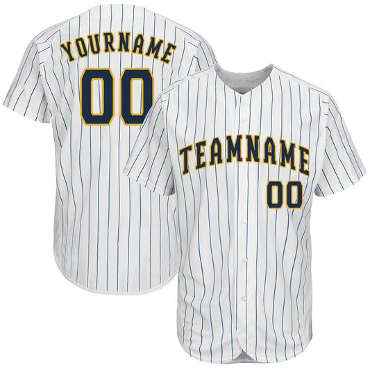 Custom White Royal Pinstripe Navy-Gold Baseball Jersey - Main View