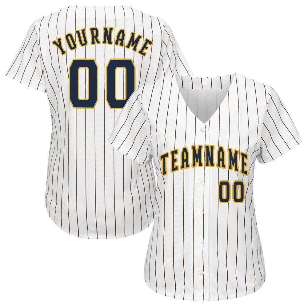 Custom White Royal Pinstripe Navy-Gold Baseball Jersey view 2