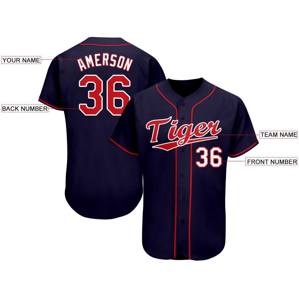 Custom Navy Red-White Baseball Jersey view 3