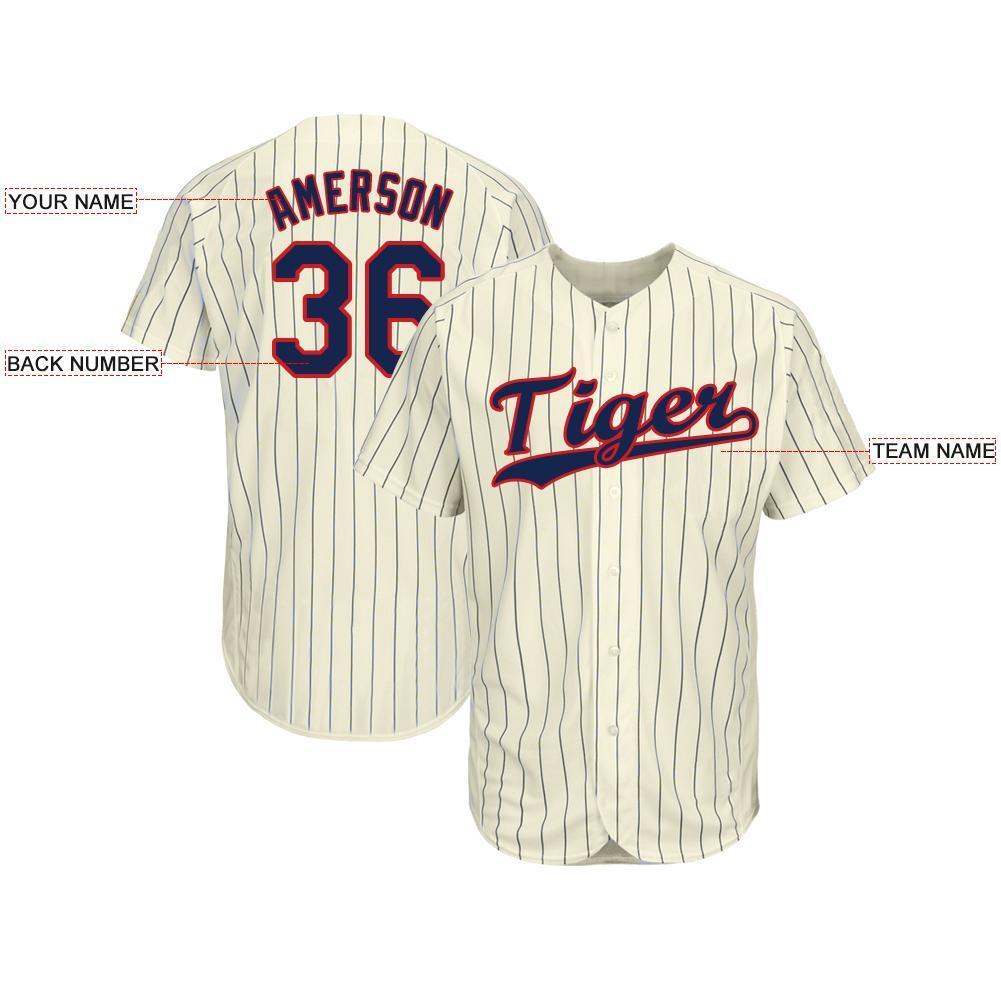 Custom Cream Navy Pinstripe Navy-Red Baseball Jersey view 4