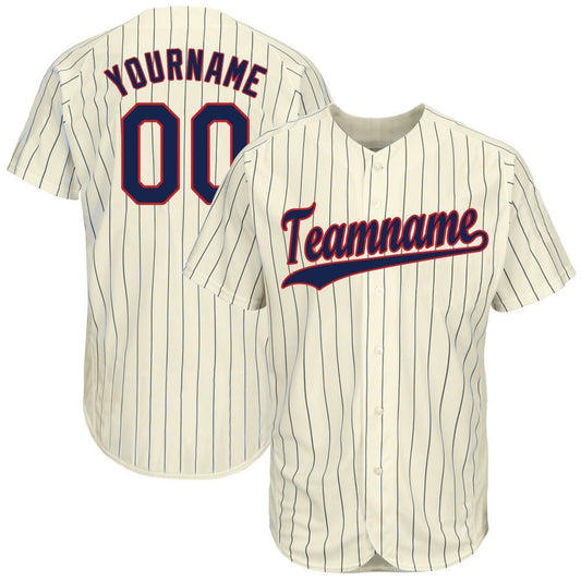 Custom Cream Navy Pinstripe Navy-Red Baseball Jersey - Main View