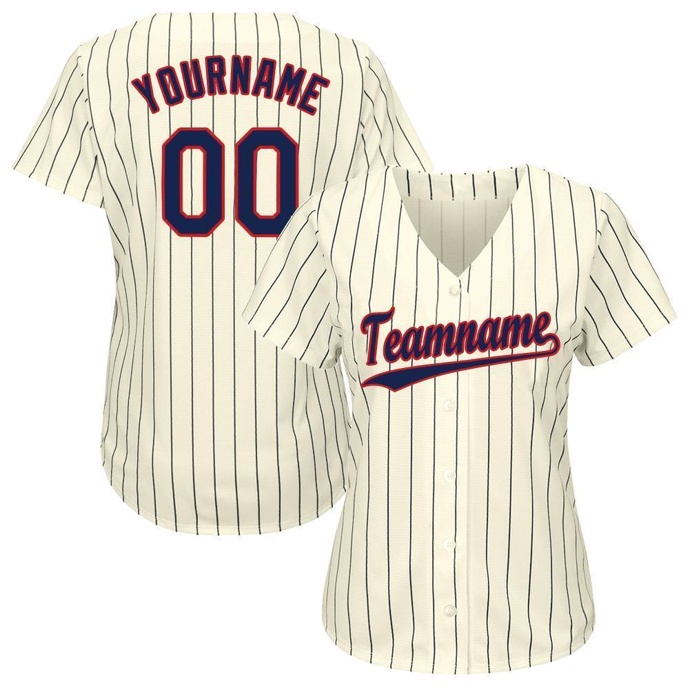 Custom Cream Navy Pinstripe Navy-Red Baseball Jersey view 3