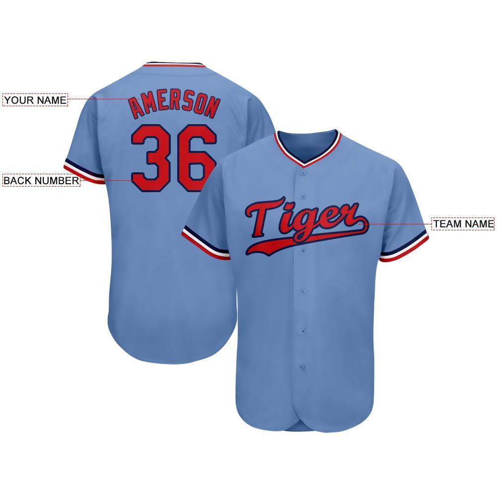 Custom Light Blue Red-Navy Baseball Jersey view 3