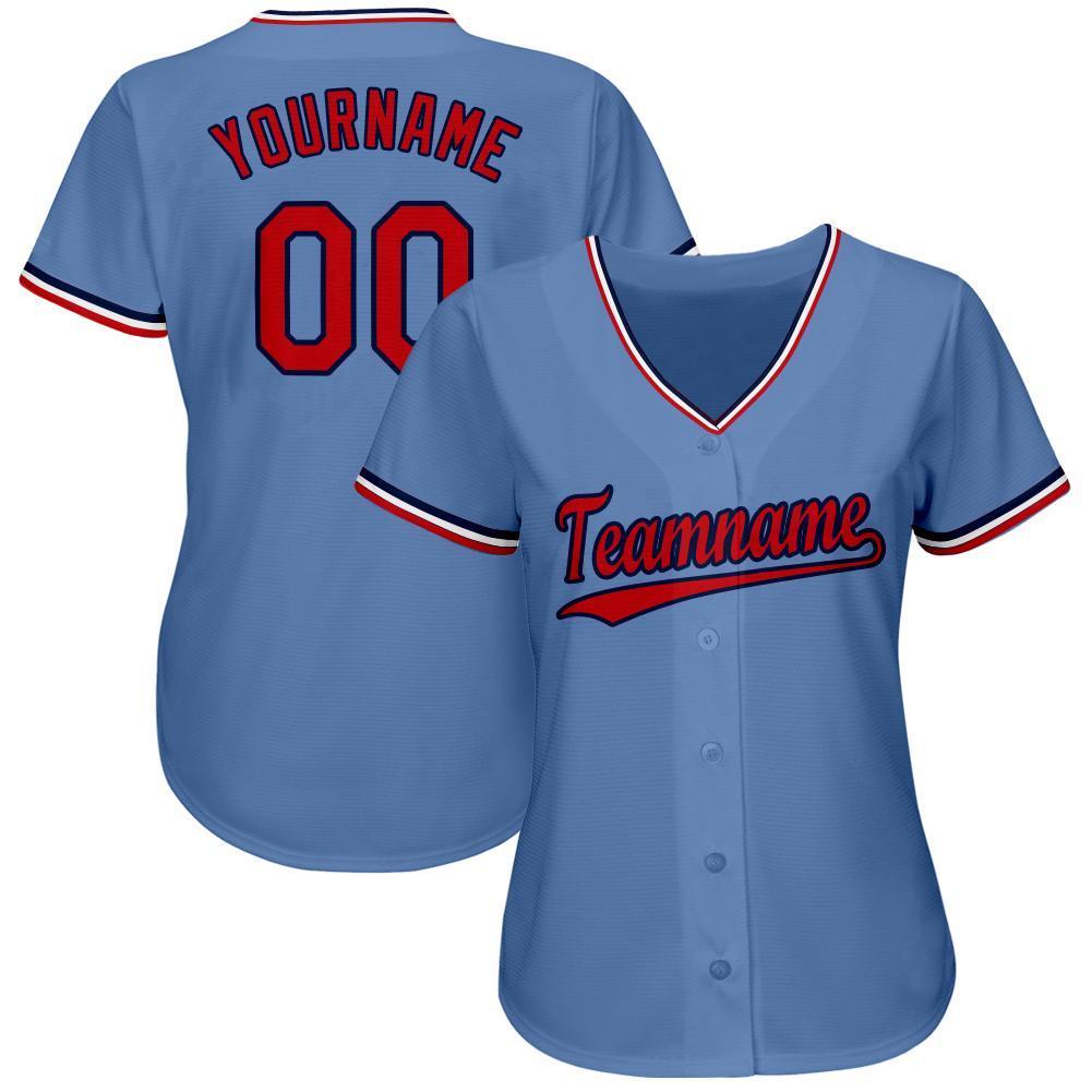 Custom Light Blue Red-Navy Baseball Jersey view 2