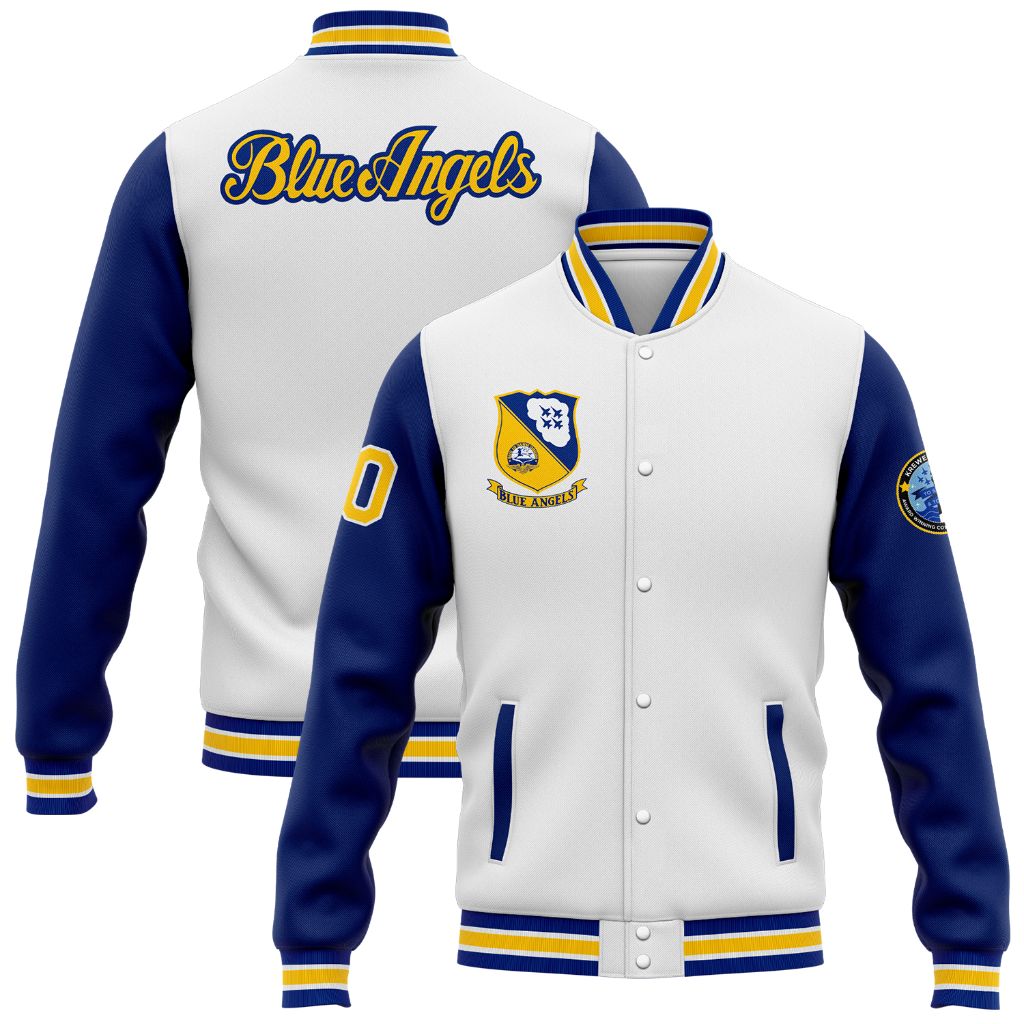 Custom White Royal-Yellow Blue Angels Bomber Full-Snap Varsity Letterman Two Tone Jacket - Main View