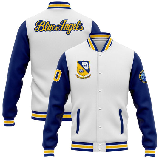 Custom White Royal-Yellow Blue Angels Bomber Full-Snap Varsity Letterman Two Tone Jacket - Main View