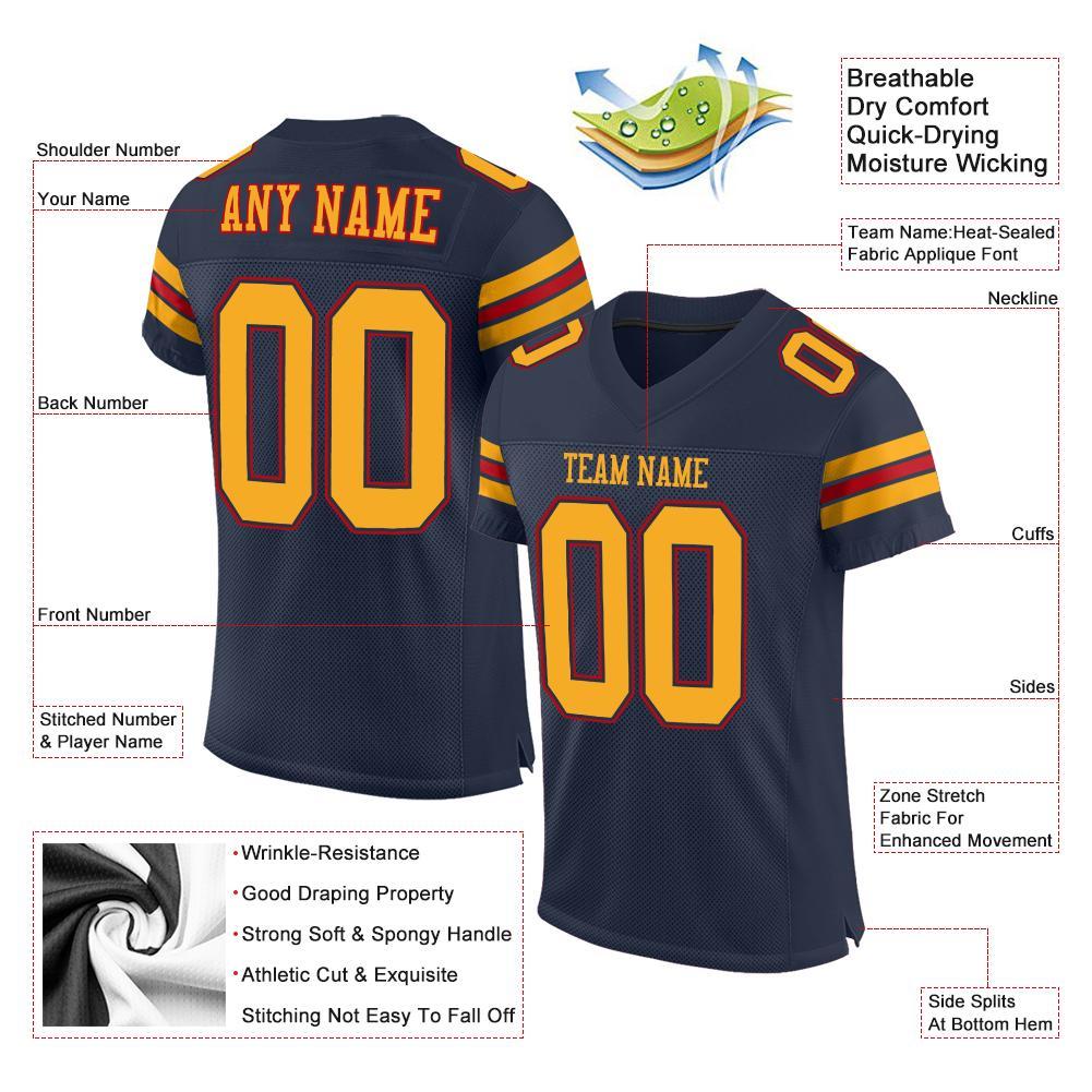 Custom Navy Gold-Red Mesh Authentic Football Jersey view 4