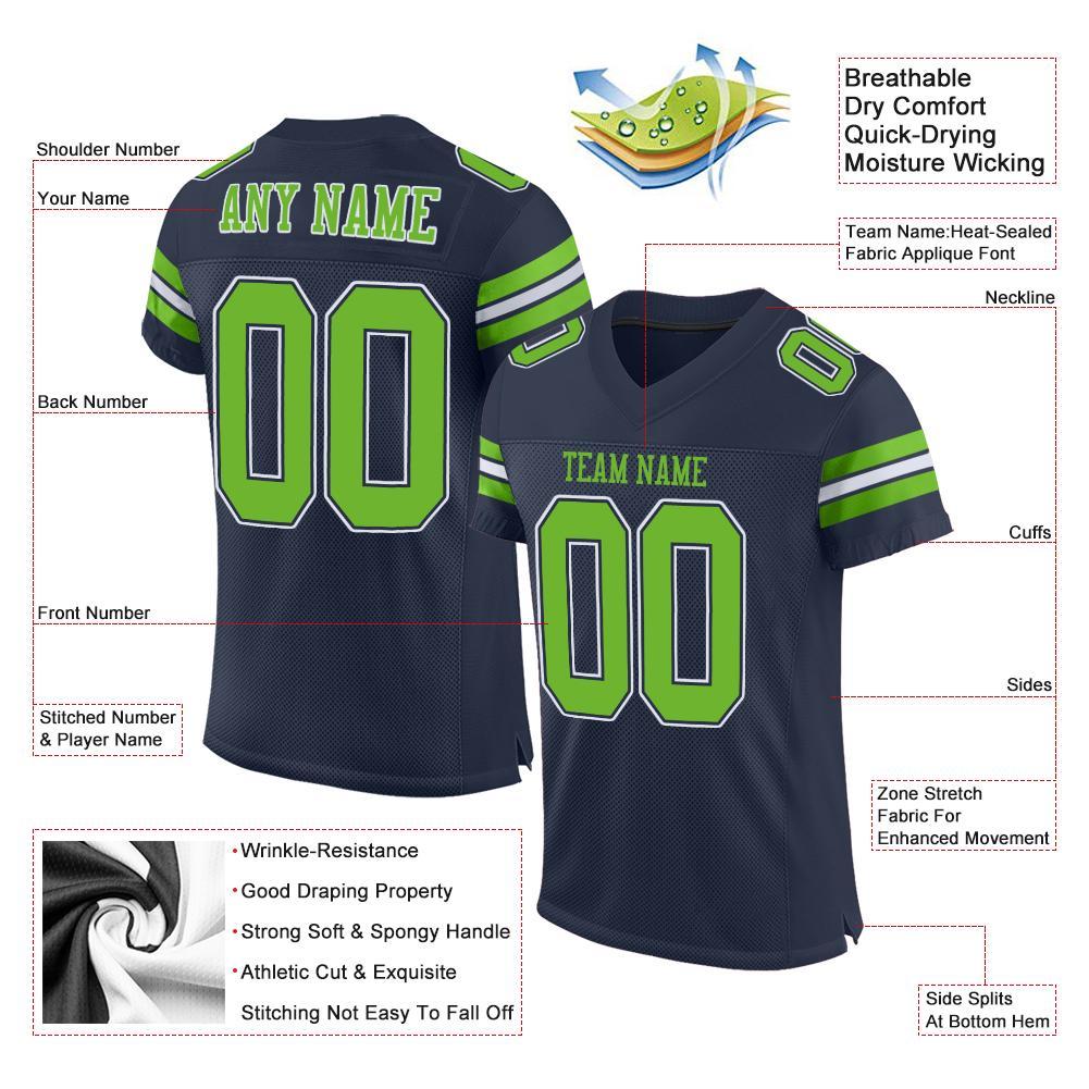 Custom Navy Neon Green-White Mesh Authentic Football Jersey view 4