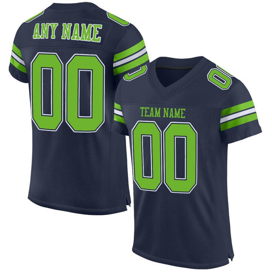 Custom Navy Neon Green-White Mesh Authentic Football Jersey - Main View