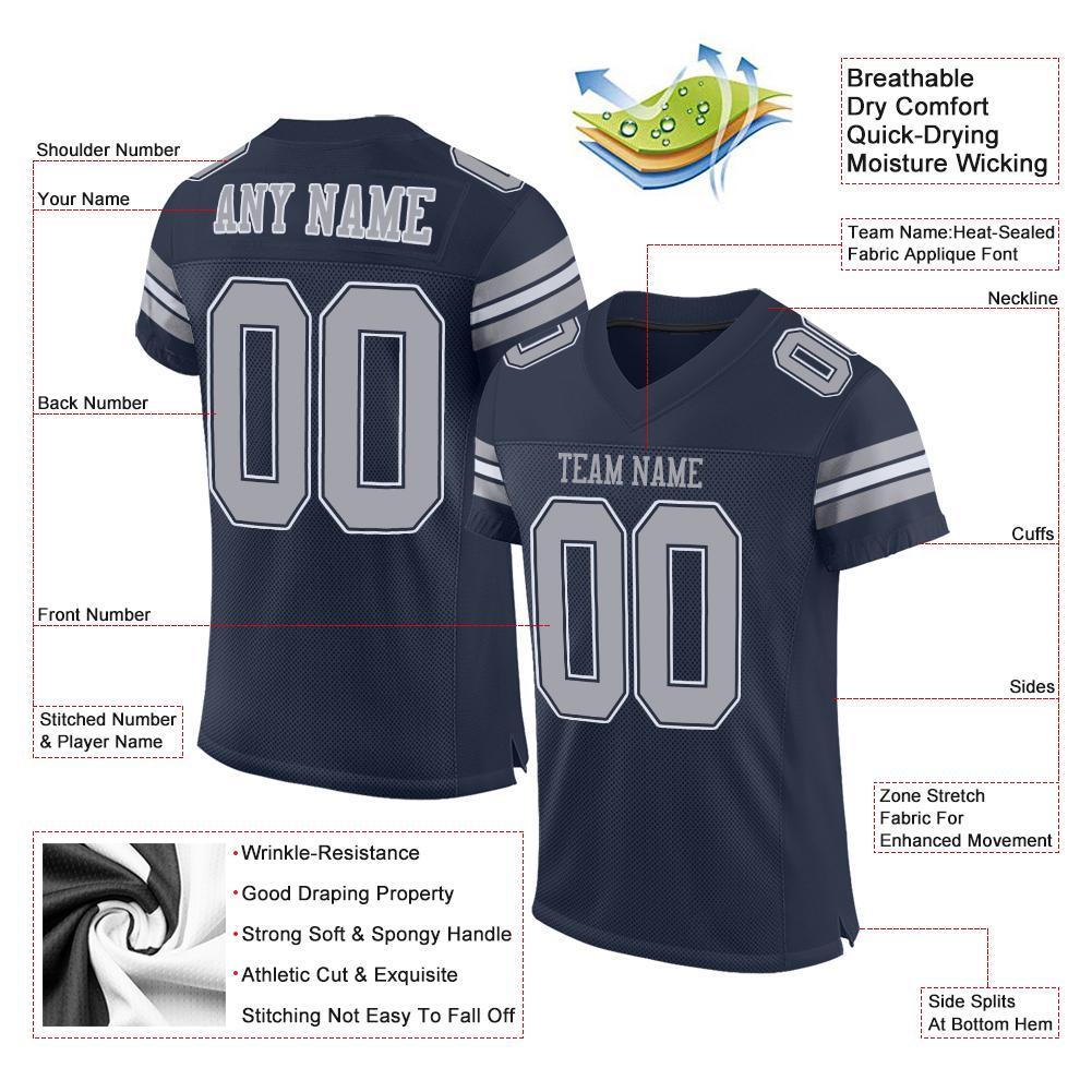 Custom Navy Gray-White Mesh Authentic Football Jersey view 4