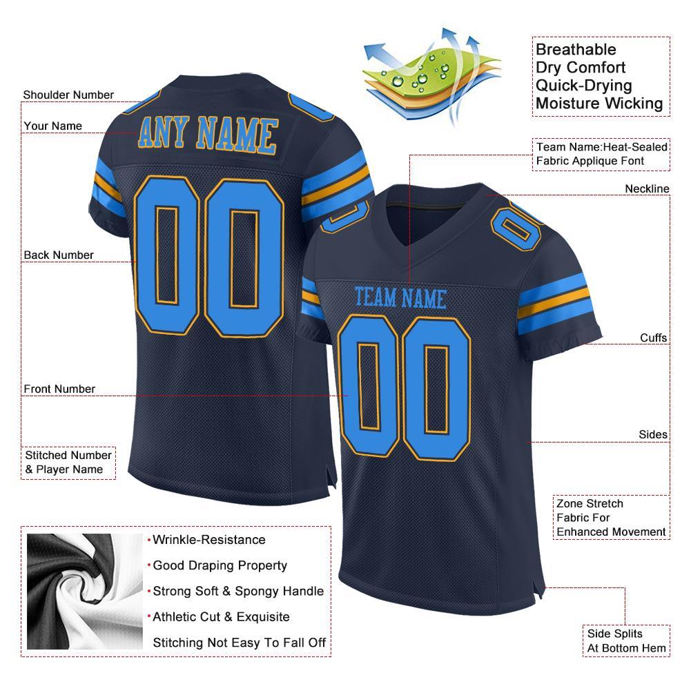 Custom Navy Powder Blue-Gold Mesh Authentic Football Jersey view 4