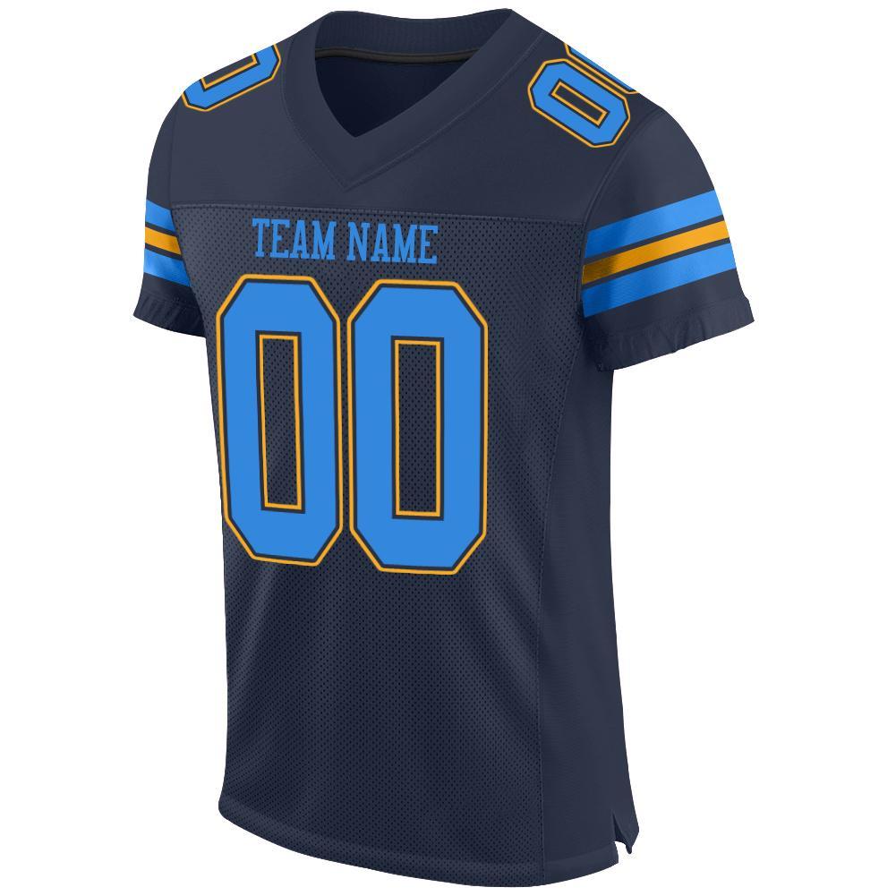 Custom Navy Powder Blue-Gold Mesh Authentic Football Jersey view 2