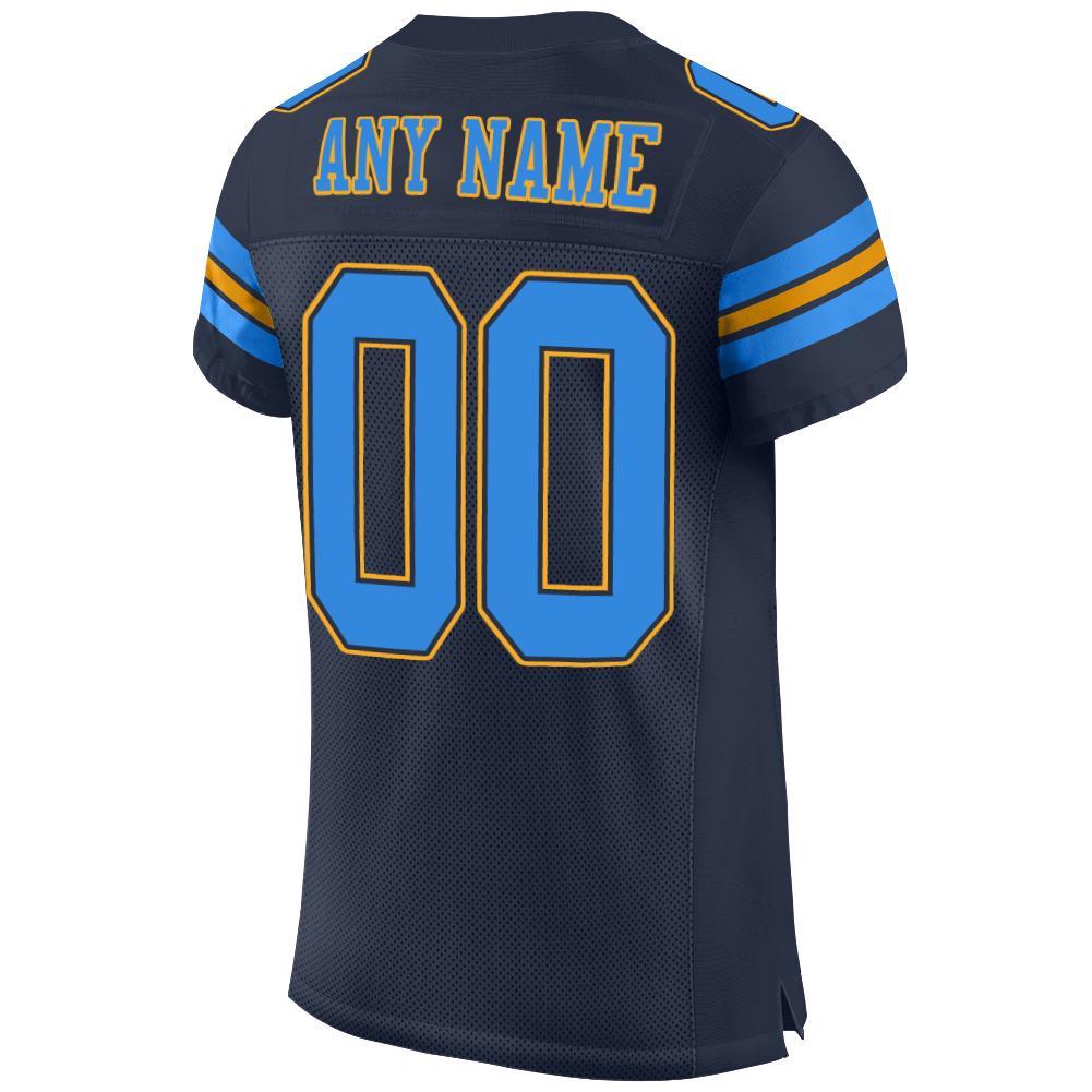 Custom Navy Powder Blue-Gold Mesh Authentic Football Jersey view 3