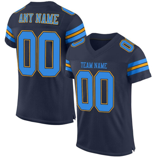 Custom Navy Powder Blue-Gold Mesh Authentic Football Jersey - Main View