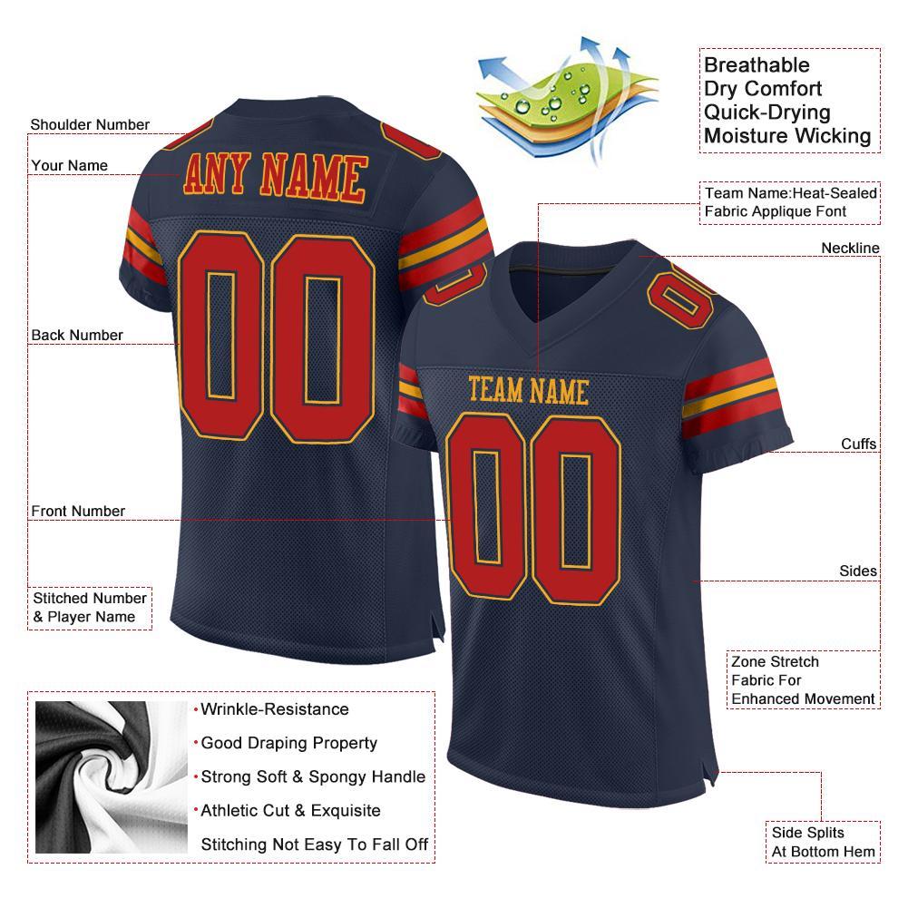 Custom Navy Scarlet-Gold Mesh Authentic Football Jersey view 4
