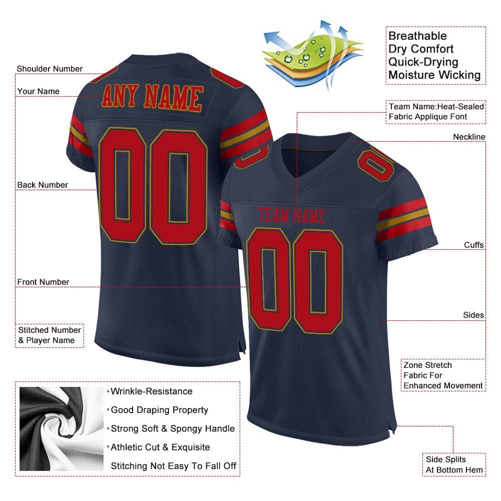 Custom Navy Red-Old Gold Mesh Authentic Football Jersey view 4