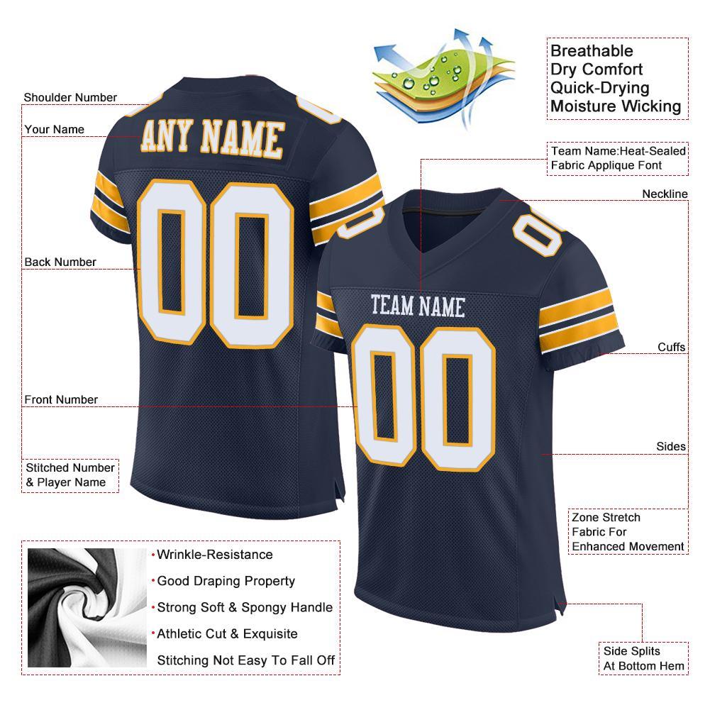 Custom Navy White-Gold Mesh Authentic Football Jersey view 5