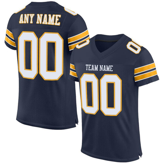 Custom Navy White-Gold Mesh Authentic Football Jersey - Main View