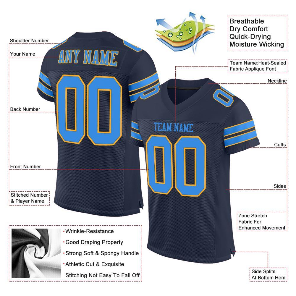 Custom Navy Powder Blue-Gold Mesh Authentic Football Jersey view 4