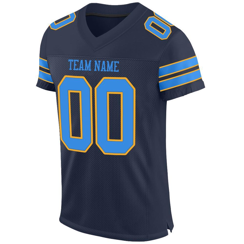 Custom Navy Powder Blue-Gold Mesh Authentic Football Jersey view 2
