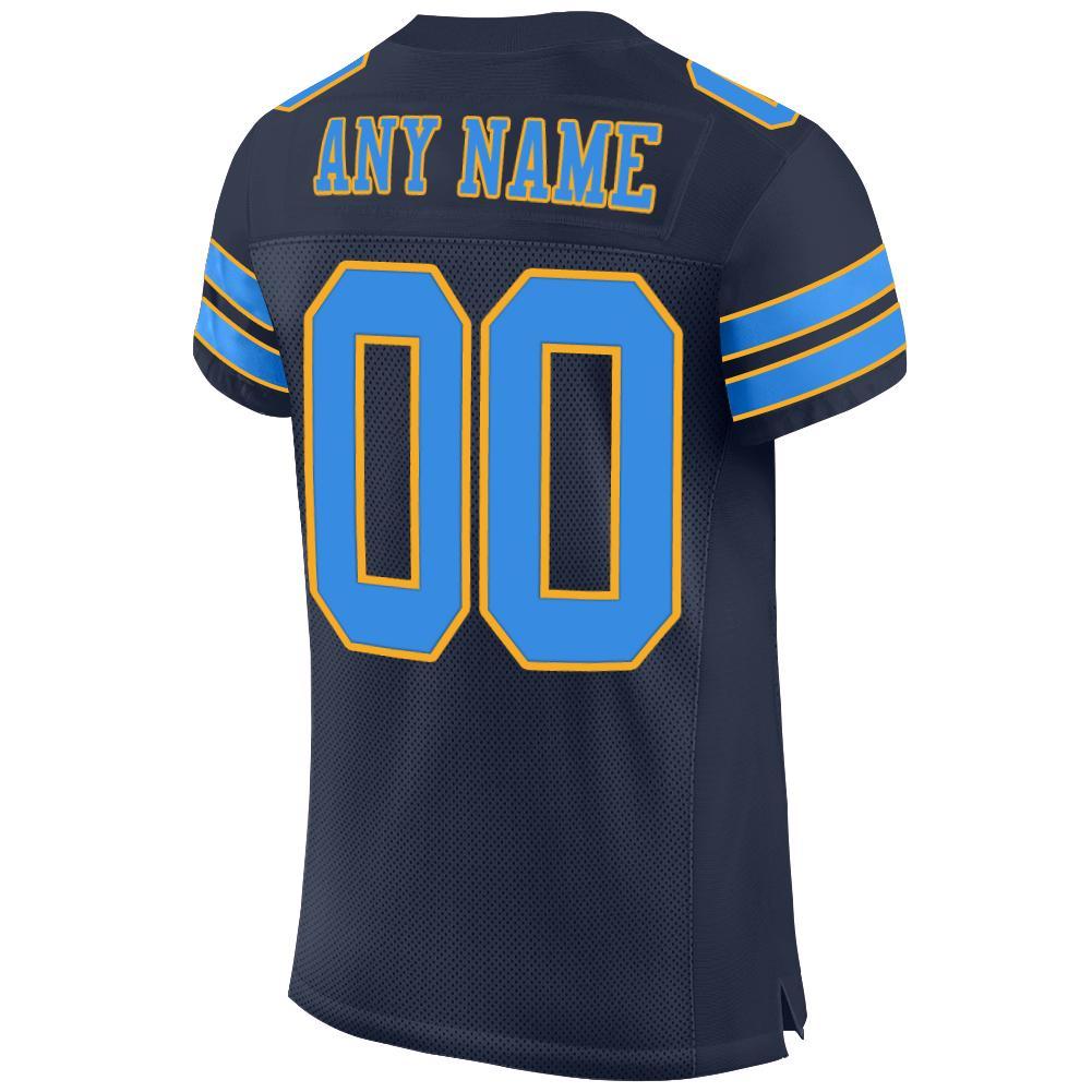 Custom Navy Powder Blue-Gold Mesh Authentic Football Jersey view 3