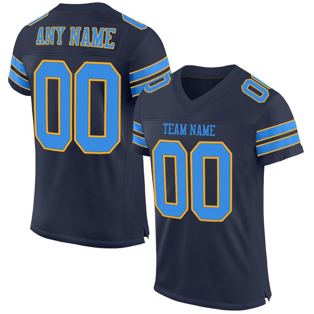 Custom Navy Powder Blue-Gold Mesh Authentic Football Jersey - Main View