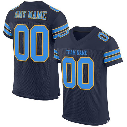 Custom Navy Powder Blue-Gold Mesh Authentic Football Jersey - Main View