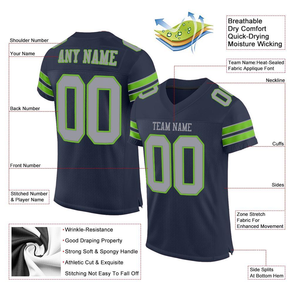 Custom Navy Light Gray-Neon Green Mesh Authentic Football Jersey view 4