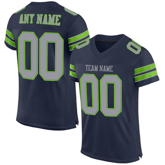 Custom Navy Light Gray-Neon Green Mesh Authentic Football Jersey - Main View