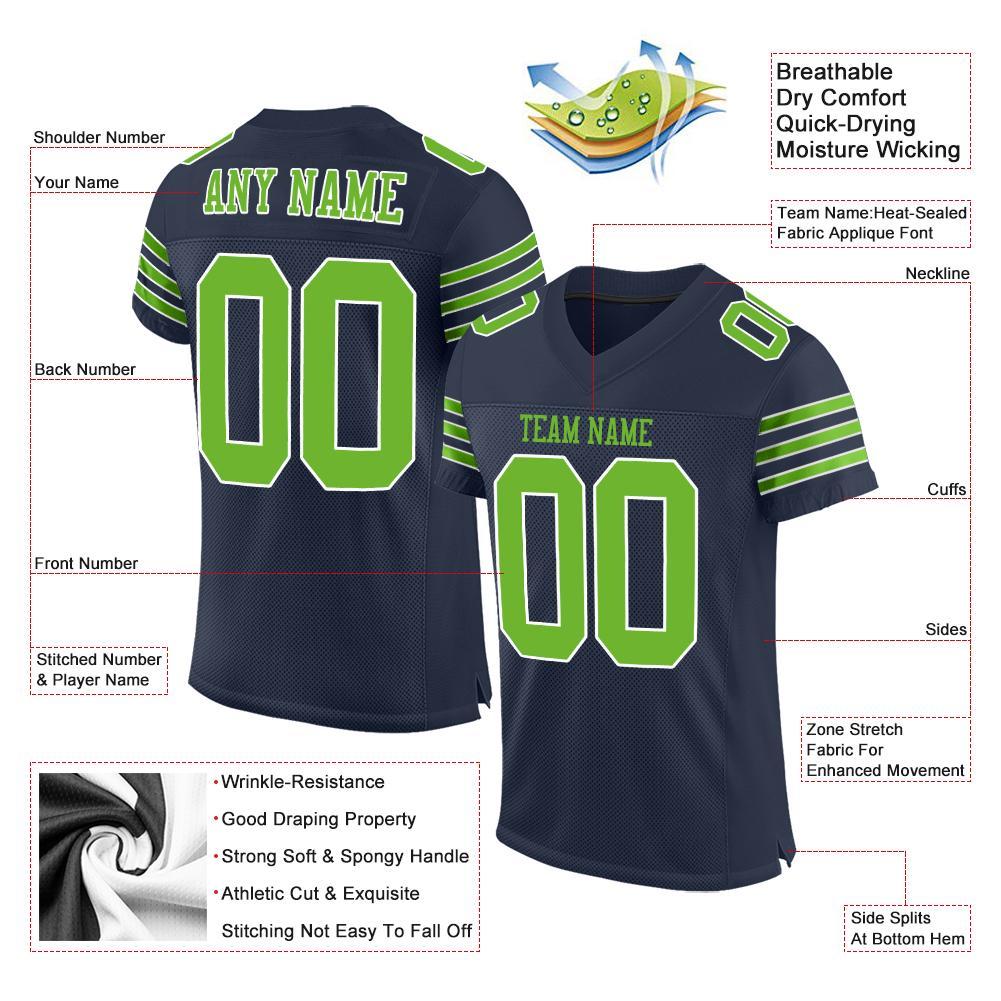 Custom Navy Neon Green-White Mesh Authentic Football Jersey view 4