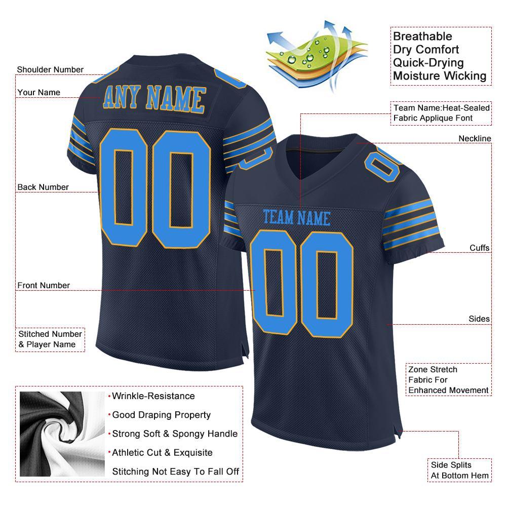 Custom Navy Powder Blue-Gold Mesh Authentic Football Jersey view 4