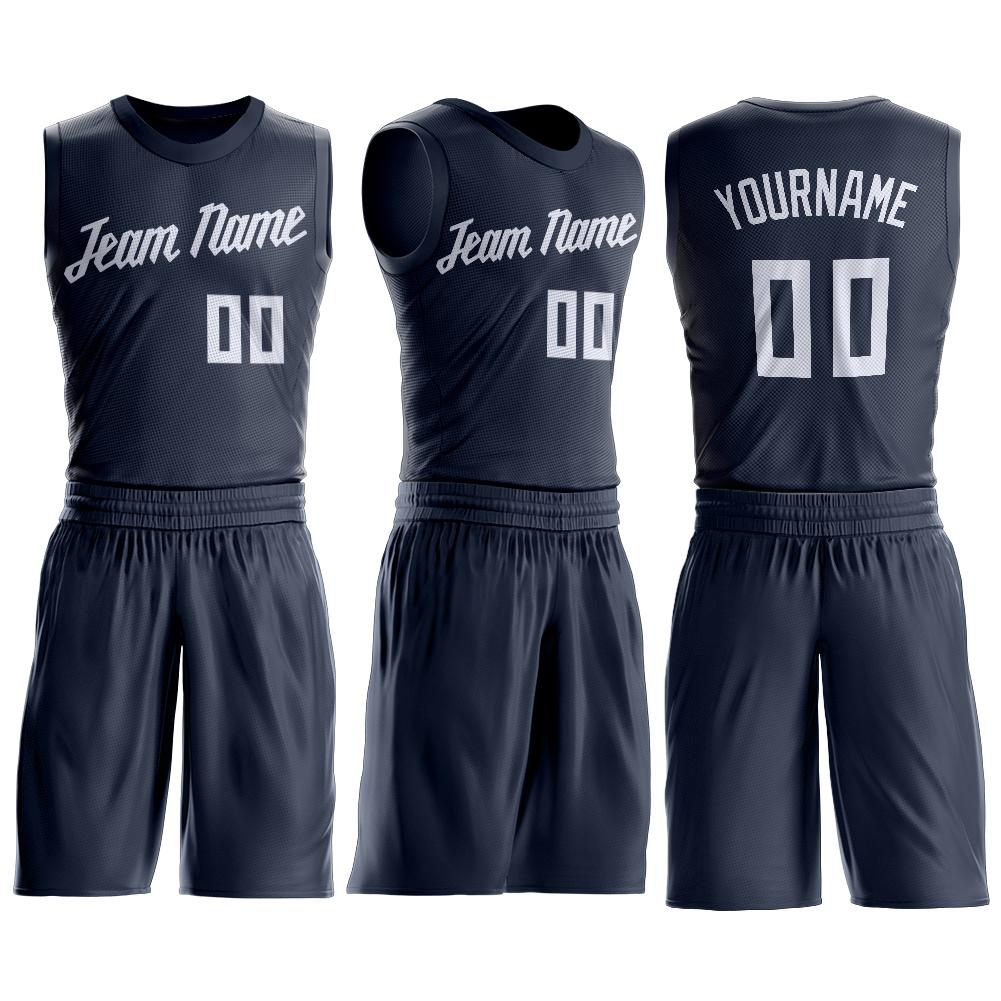 Custom Navy White Round Neck Basketball Uniform Jersey view 3