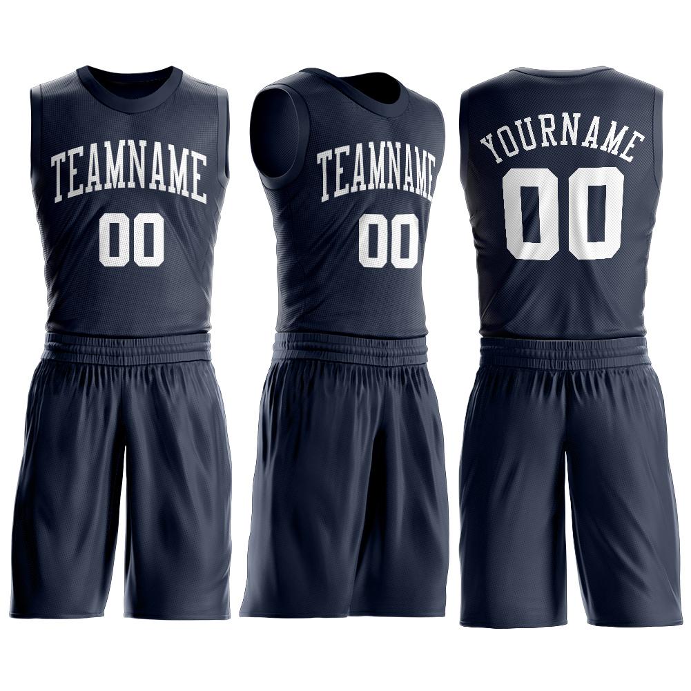 Custom Navy White Round Neck Basketball Uniform Jersey view 2